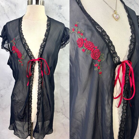 Vtg 90s Mesh Babydoll Robe XL Black Red Ribbon Rose Embroidery Gothic Romantic - Picture 1 of 14